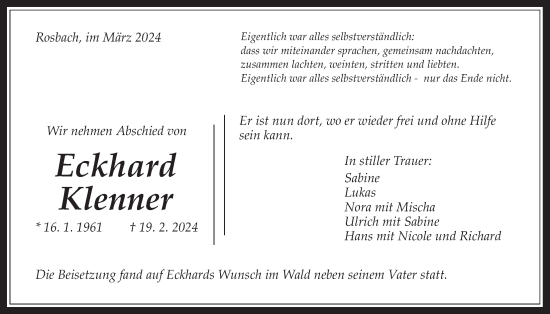 Traueranzeige von Eckhard Klenner von Wetterauer Zeitung