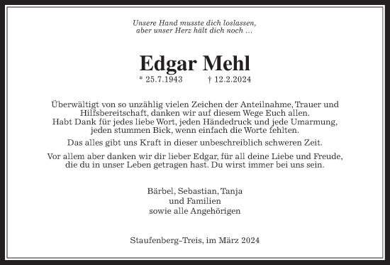 Traueranzeige von Edgar Mehl von Giessener Anzeiger, Giessener Allgemeine, Alsfelder Allgemeine