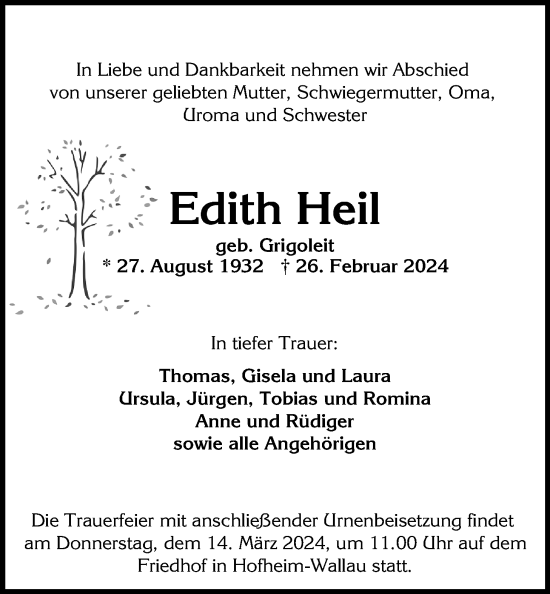 Traueranzeige von Edith Heil 