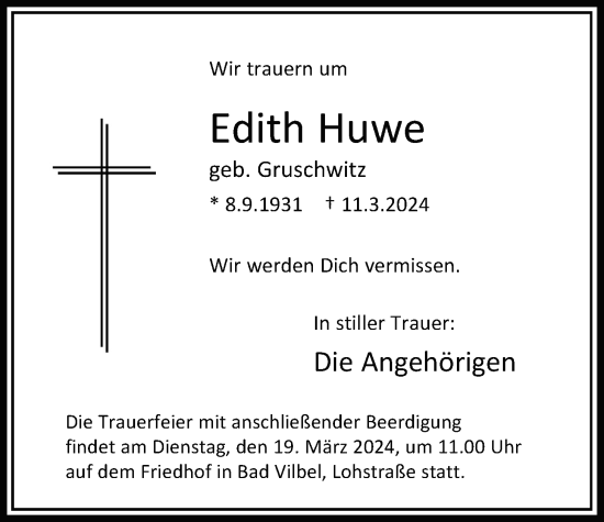 Traueranzeige von Edith Huwe von Bad Vilbel/Karben