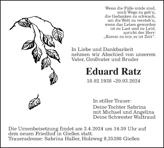 Traueranzeige von Eduard Ratz von Giessener Anzeiger