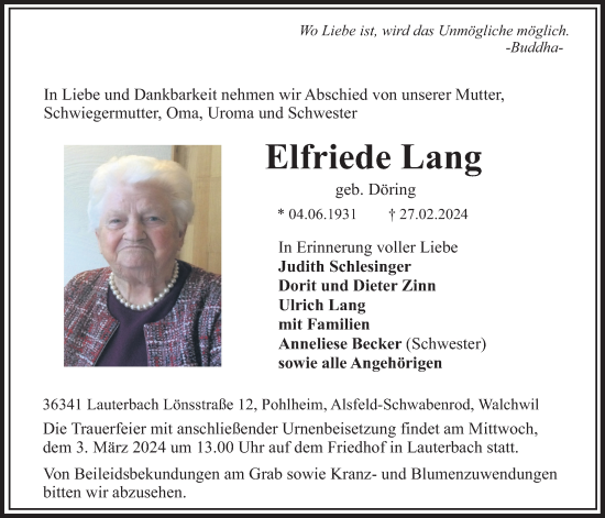 Traueranzeige von Elfriede Lang von Lauterbacher Anzeiger, Oberhessische Zeitung