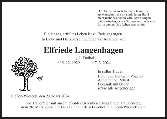 Traueranzeige von Elfriede Langenhagen von Giessener Allgemeine, Alsfelder Allgemeine, Giessener Anzeiger