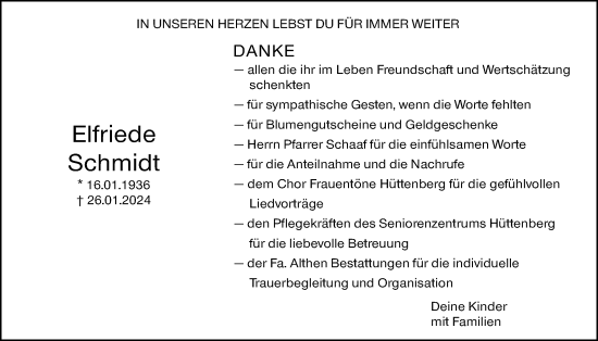 Traueranzeige von Elfriede Schmidt von Giessener Anzeiger, Giessener Allgemeine, Alsfelder Allgemeine