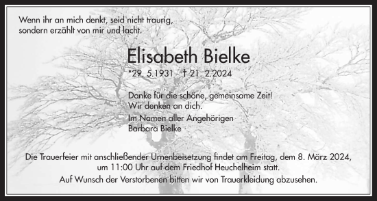 Traueranzeige von Elisabeth Bielke von Wetterauer Zeitung