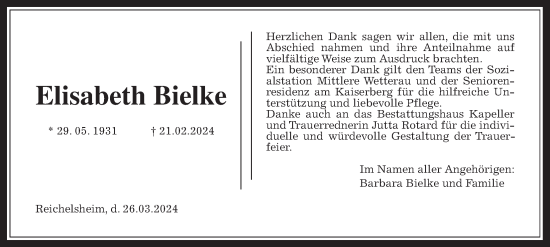 Traueranzeige von Elisabeth Bielke von Wetterauer Zeitung