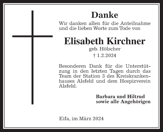 Traueranzeige von Elisabeth Kirchner von Oberhessische Zeitung, 