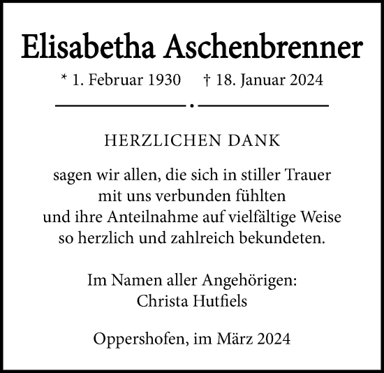 Traueranzeige von Elisabetha Aschenbrenner von Butzbacher Zeitung