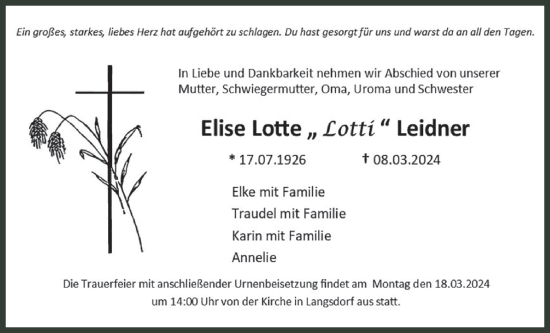 Traueranzeige von Elise Lotte Leidner von Licher Wochenblatt
