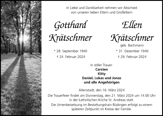 Traueranzeige von Ellen Krätschmer von Kreis-Anzeiger