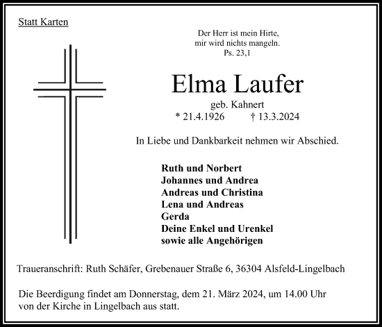 Traueranzeige von Elma Laufer von Oberhessische Zeitung