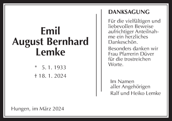 Traueranzeige von Emil August Bernhard Lemke von Licher Wochenblatt