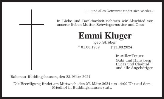 Traueranzeige von Emmi Kluger von Giessener Allgemeine, Alsfelder Allgemeine, Giessener Anzeiger