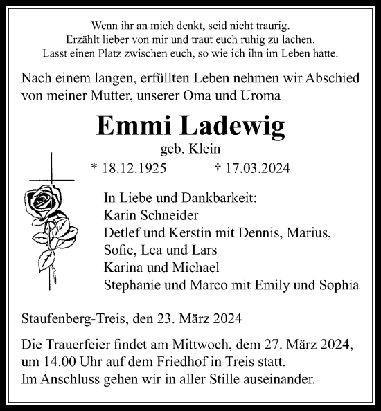 Traueranzeige von Emmi Ladewig von Giessener Allgemeine, Alsfelder Allgemeine