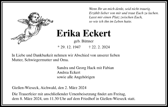 Traueranzeige von Erika Eckert von Giessener Anzeiger, Giessener Allgemeine, Alsfelder Allgemeine
