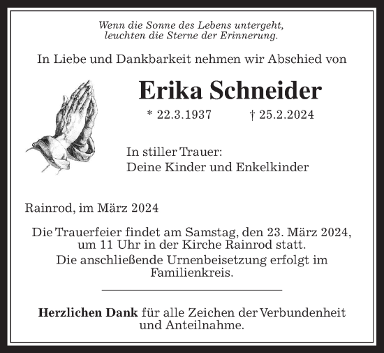 Traueranzeige von Erika Schneider von Kreis-Anzeiger