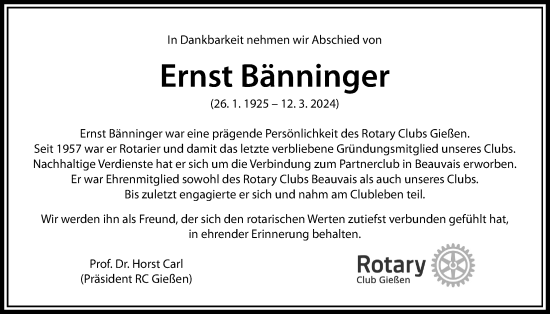 Traueranzeige von Ernst Bänninger von Giessener Allgemeine, Alsfelder Allgemeine, Giessener Anzeiger