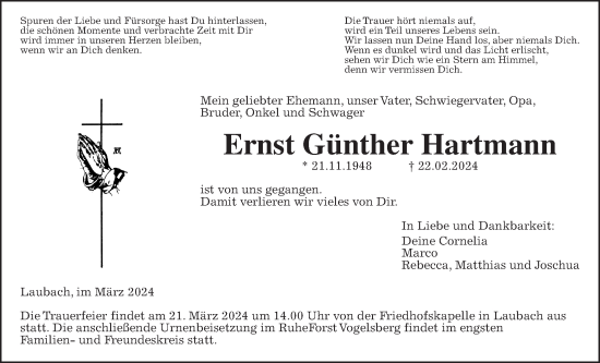 Traueranzeige von Ernst Günther Hartmann von Laubacher Anzeiger