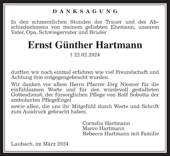 Traueranzeige von Ernst Günther Hartmann von Laubacher Anzeiger