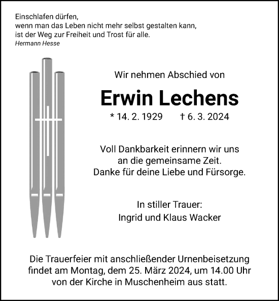 Traueranzeige von Erwin Lechens von Giessener Allgemeine, Alsfelder Allgemeine, Giessener Anzeiger