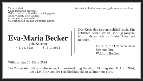 Traueranzeige von Eva-Maria Becker von Giessener Allgemeine, Alsfelder Allgemeine