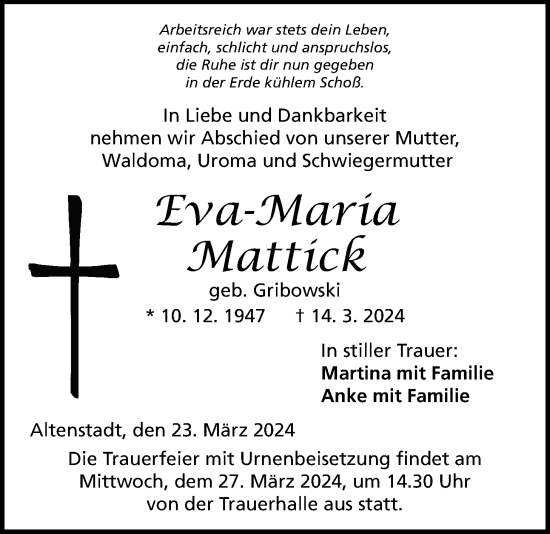 Traueranzeige von Eva-Maria Mattick von Kreis-Anzeiger