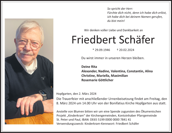 Traueranzeige von Friedbert Schäfer von Lauterbacher Anzeiger, Oberhessische Zeitung