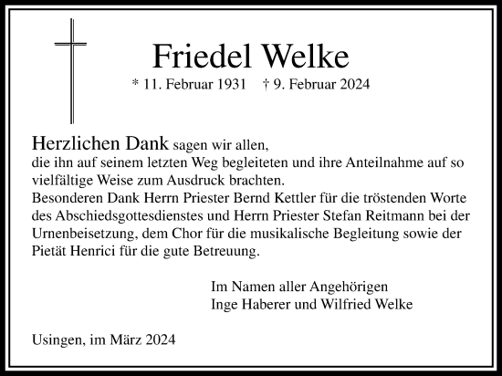 Traueranzeige von Friedel Welke von Usinger Anzeiger