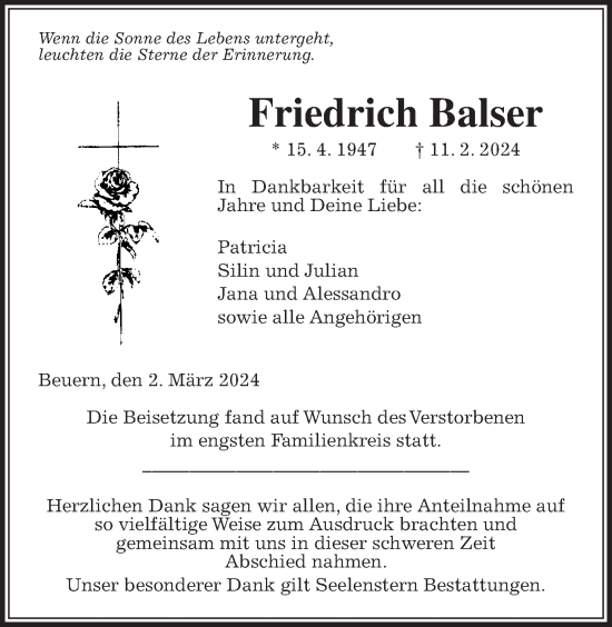 Traueranzeige von Friedrich Balser von Giessener Allgemeine, Alsfelder Allgemeine