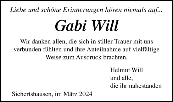 Traueranzeige von Gabi Will von Giessener Allgemeine, Alsfelder Allgemeine, Giessener Anzeiger