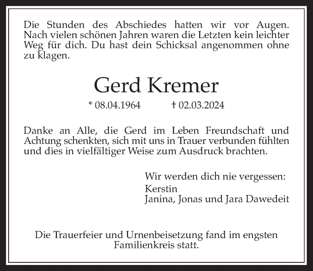  Traueranzeige für Gerd Kremer vom 23.03.2024 aus Giessener Allgemeine, Alsfelder Allgemeine