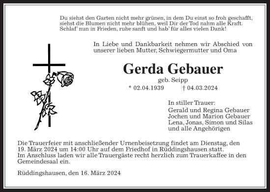 Traueranzeige von Gerda Gebauer von Giessener Allgemeine, Alsfelder Allgemeine