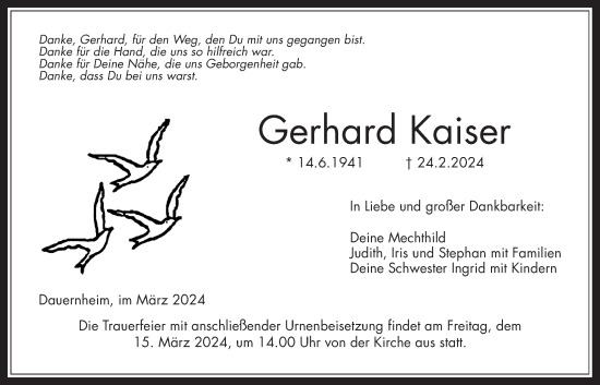 Traueranzeige von Gerhard Kaiser von Kreis-Anzeiger