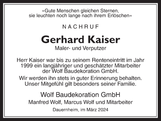 Traueranzeige von Gerhard Kaiser von Kreis-Anzeiger, Wetterauer Zeitung