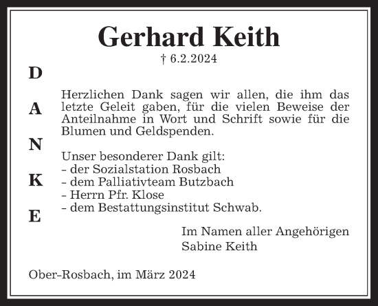 Traueranzeige von Gerhard Keith von Wetterauer Zeitung