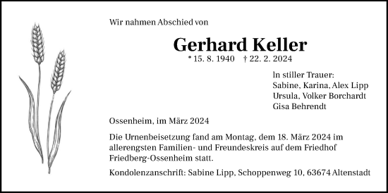 Traueranzeige von Gerhard Keller von Wetterauer Zeitung