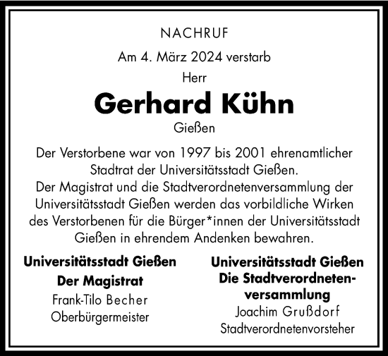 Traueranzeige von Gerhard Kuhn von Giessener Allgemeine, Alsfelder Allgemeine, Giessener Anzeiger