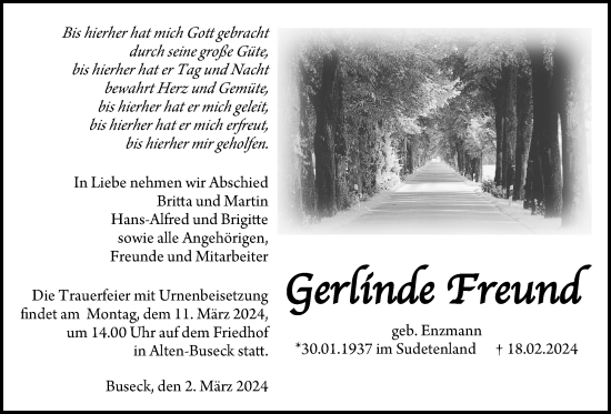 Traueranzeige von Gerlinde Freund von Giessener Anzeiger, Giessener Allgemeine, Alsfelder Allgemeine