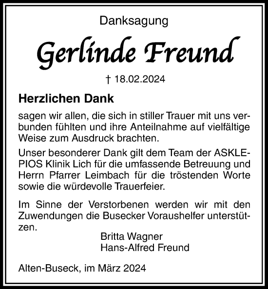 Traueranzeige von Gerlinde Freund von Giessener Allgemeine, Alsfelder Allgemeine, Giessener Anzeiger