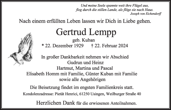 Traueranzeige von Gertrud Lempp von Usinger Anzeigenblatt