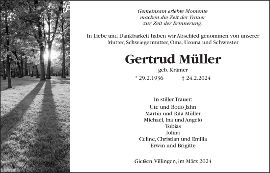 Traueranzeige von Gertrud Müller von Pohlheimer Nachrichten
