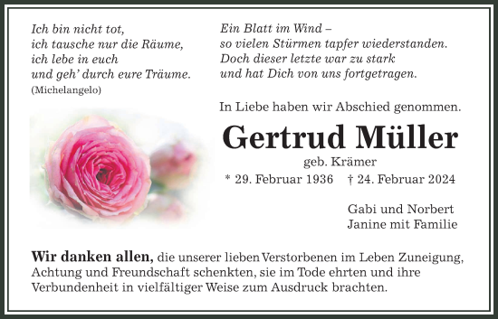Traueranzeige von Gertrud Müller von Pohlheimer Nachrichten