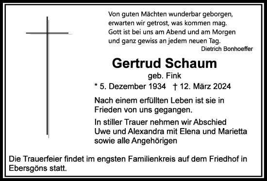 Traueranzeige von Gertrud Schaum von Butzbacher Zeitung