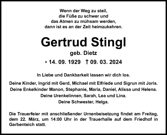 Traueranzeige von Gertrud Stingl von Giessener Anzeiger, Pohlheimer Nachrichten
