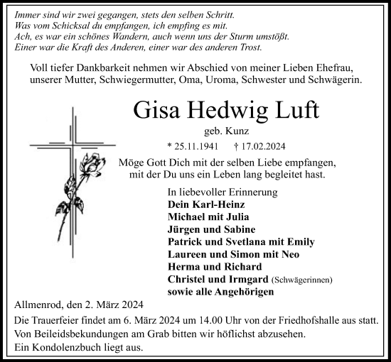 Traueranzeige von Gisa Hedwig Luft von Lauterbacher Anzeiger
