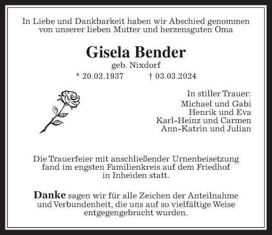 Traueranzeige von Gisela Bender von Licher Wochenblatt