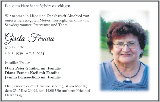 Traueranzeige von Gisela Fernau von Kreis-Anzeiger
