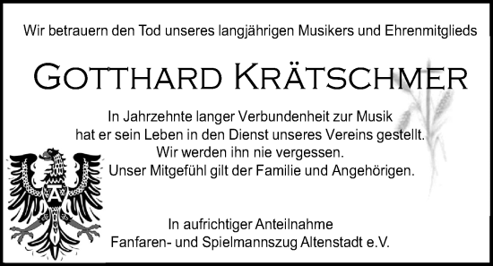 Traueranzeige von Gotthard Krätschmer von Kreis-Anzeiger