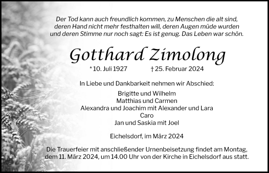 Traueranzeige von Gotthard Zimolong von Kreis-Anzeiger