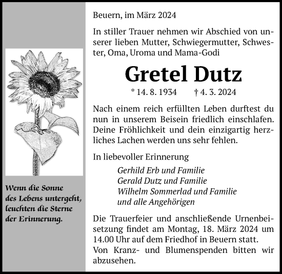 Traueranzeige von Gretel Dutz von Giessener Allgemeine, Alsfelder Allgemeine